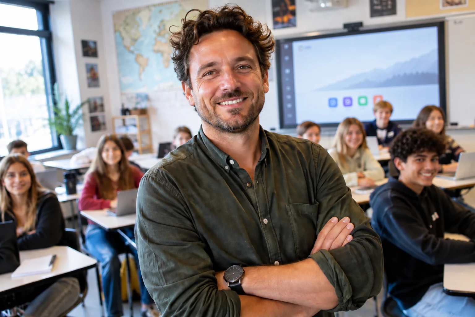 Lachende docent met de armen over elkaar, met leerlingen achter laptops in de klas